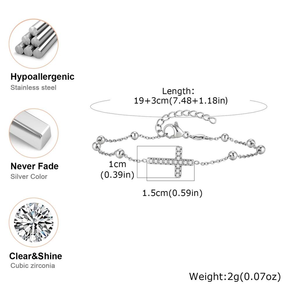 Dainty Cubic Zirconia Cross Bracelet Stainless Steel Thin Link Beads Chain 18K Gold Plated Bracelets for Women Luxury Jewelry