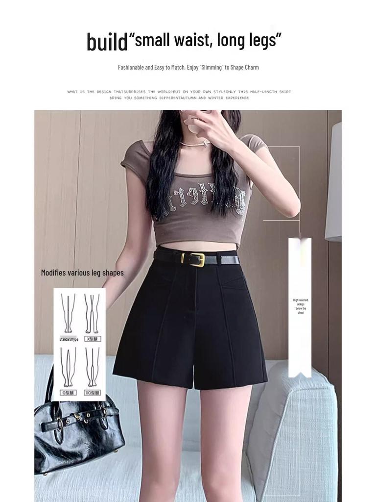 Women's High-Waist Summer A-line Booty Shorts - Black Outwear Slimming, Loose, Casual Wide-Leg Pants