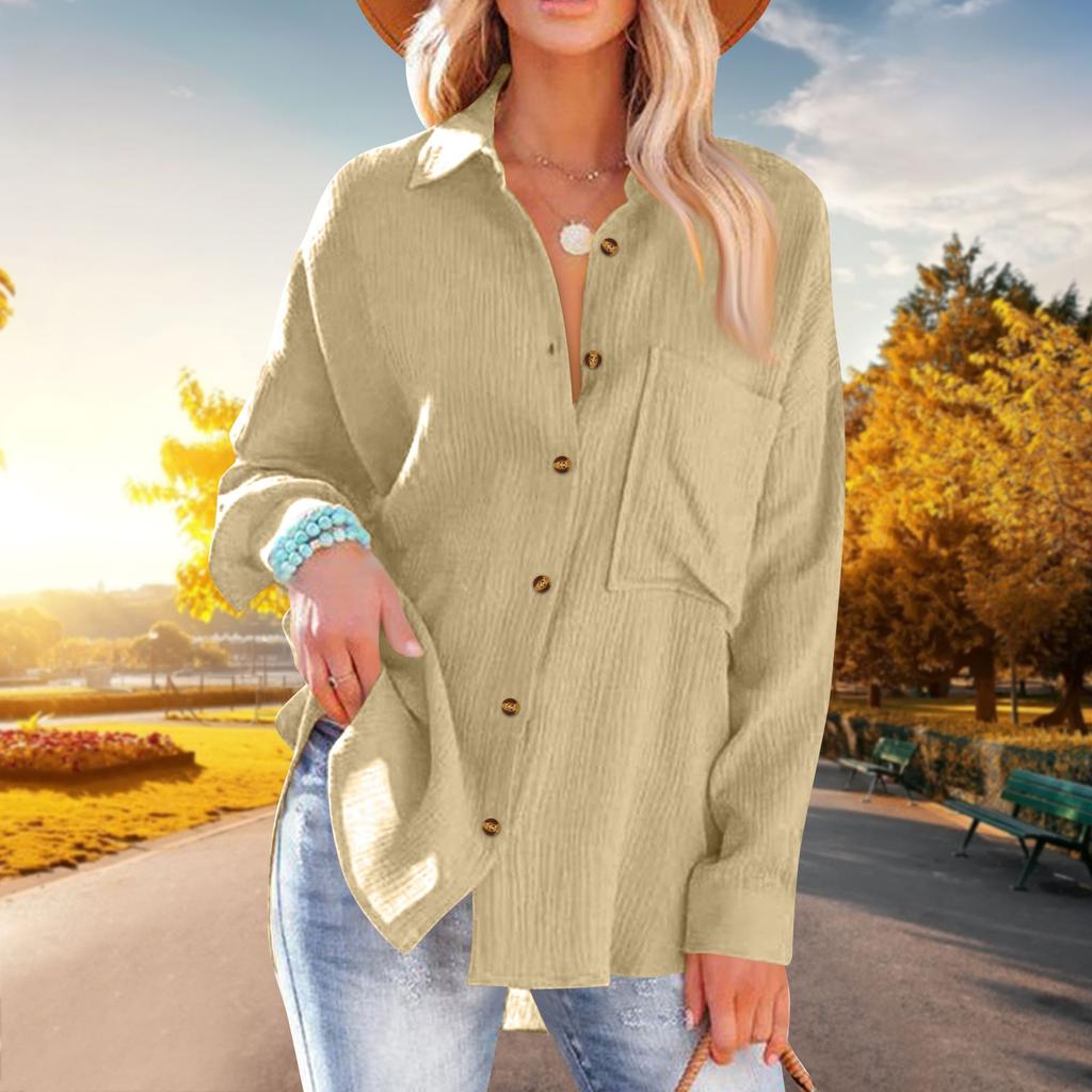 Women's Fashion Solid Color Loose Casual Single-Breasted Long Sleeve Shirt