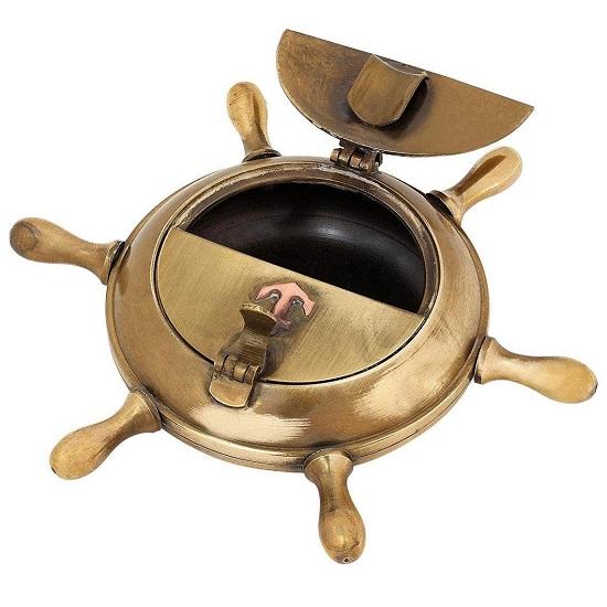 Nautical Brass Ship Wheel Design Table Ashtray Anchor Inlay Ashtray, Brass Decorative