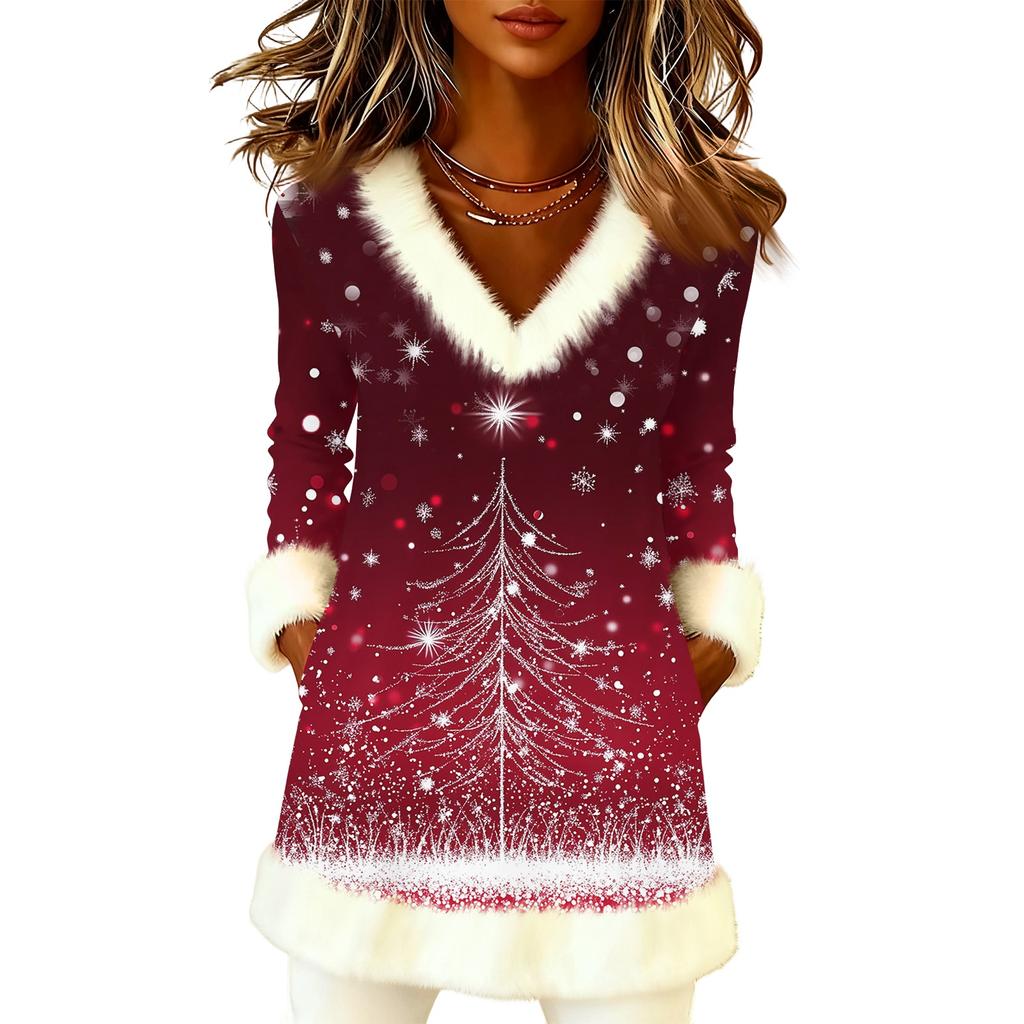 Women's Christmas Fashion Plush V-Neck Pullover Printed Long-Sleeved Top