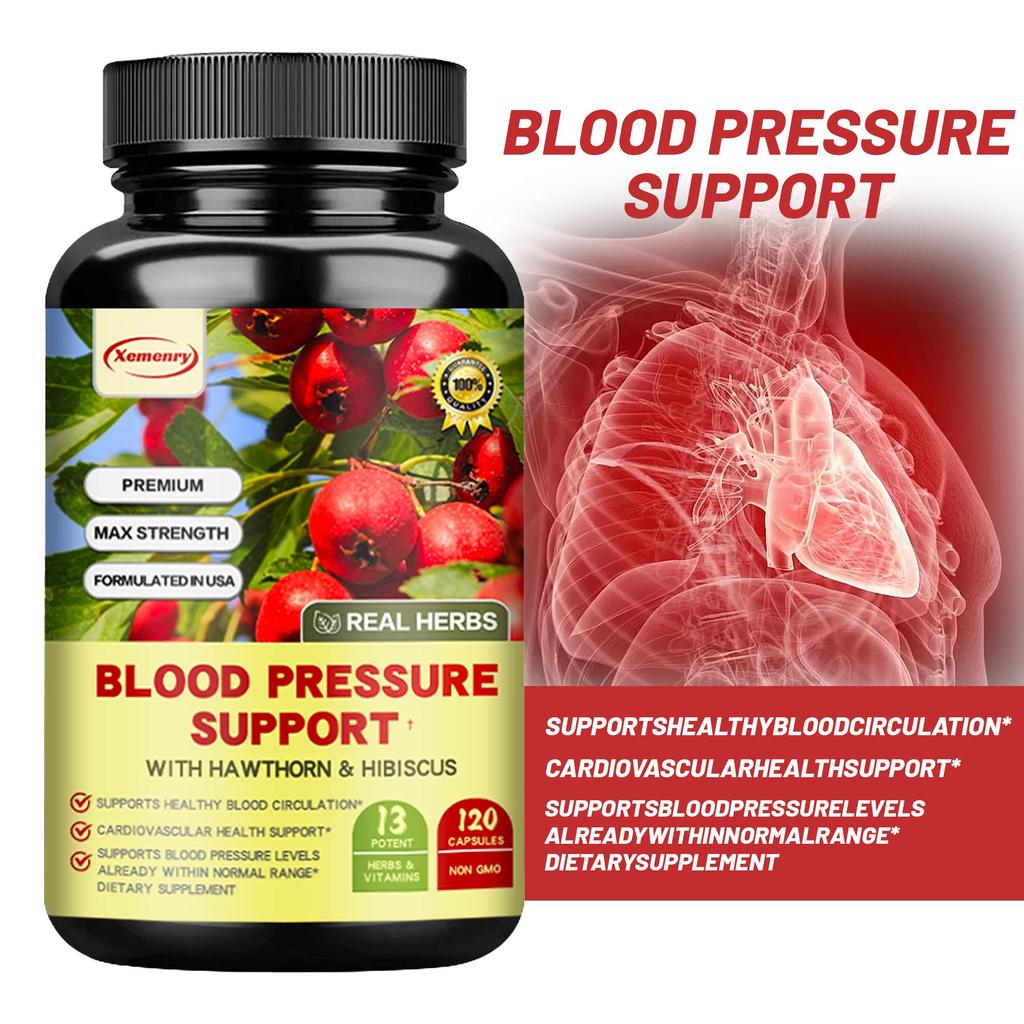 Premium blood pressure support capsules, containing hawthorn and hibiscus flower, promote healthy blood circulation, 120 capsules per pack.