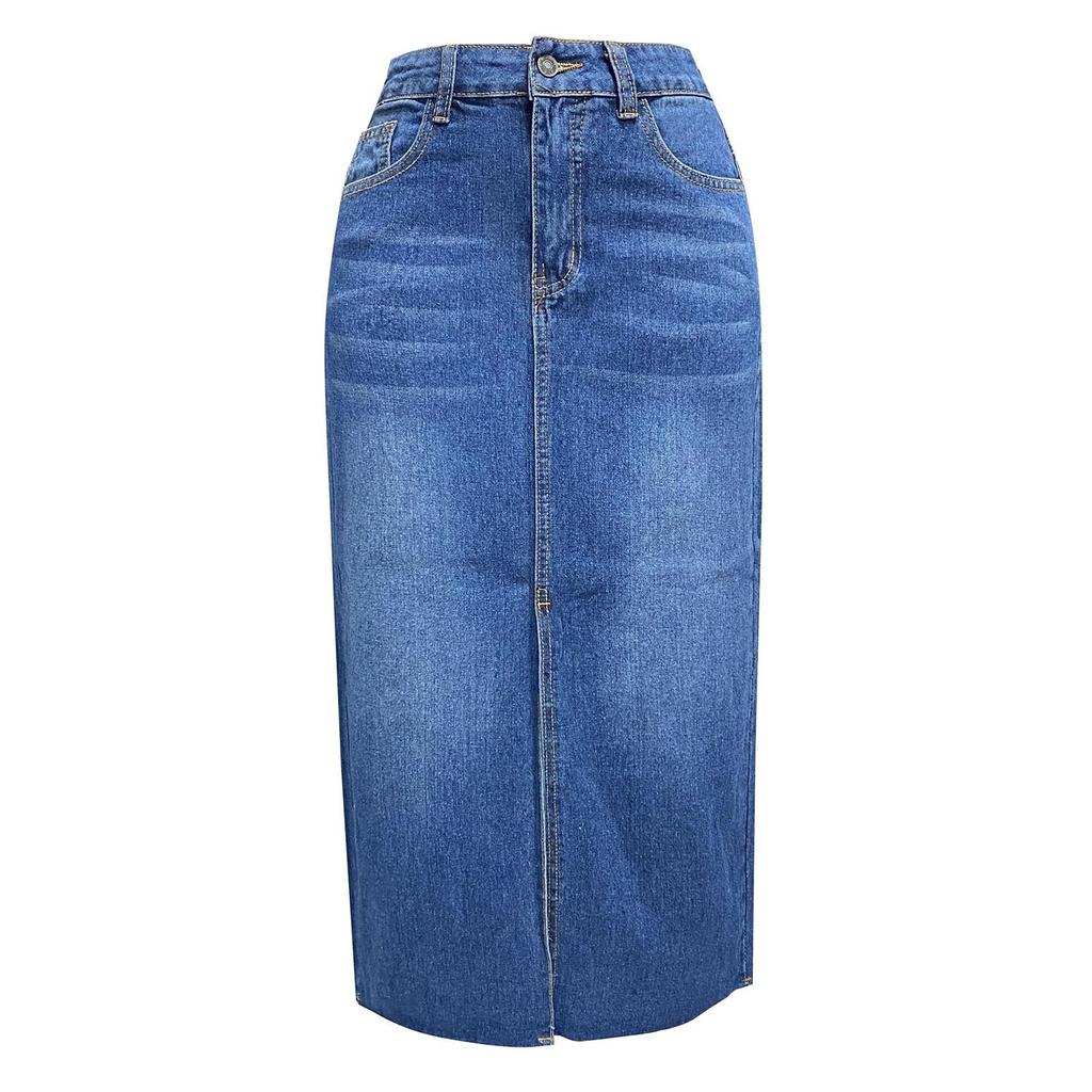 Women's Split Denim Skirt Women's High-waisted Washed A-line Skirt MIDI Skirt
