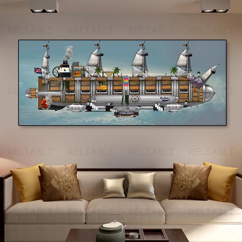 Ретро дирижабль в стиле стимпанк, атомпанк, дизельпанк, фэнтези, холст, картина, настенное искусство, винтажные постеры с космическим кораблем для декора гостиной