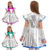Girls Alien Costume Shimmering PU Patchwork Dress Cap Sleeve Arm Warmers Space Theme Halloween Outfit
