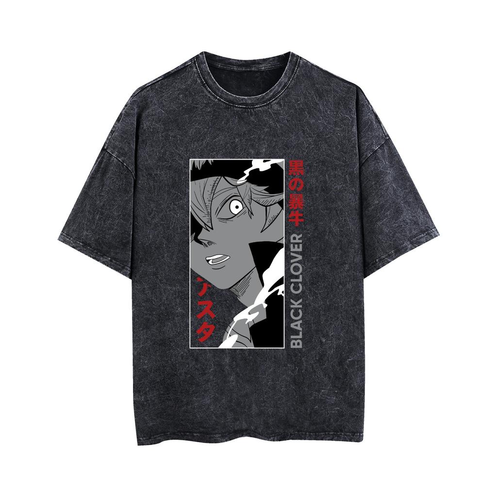 2026 Black Clover Washed Vintage Tshirt Street Hiphop Anime Casual Cotton Summer Short Sleeve