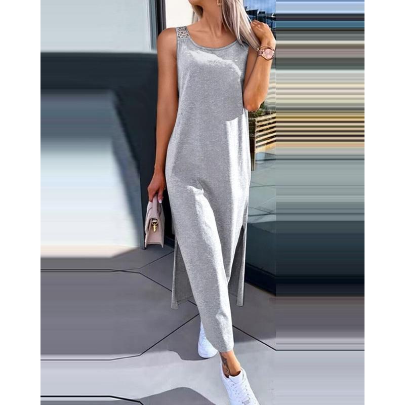 VEZFAA Женская мода лето весна однотонный принт без рукавов с круглым вырезом повседневные платья