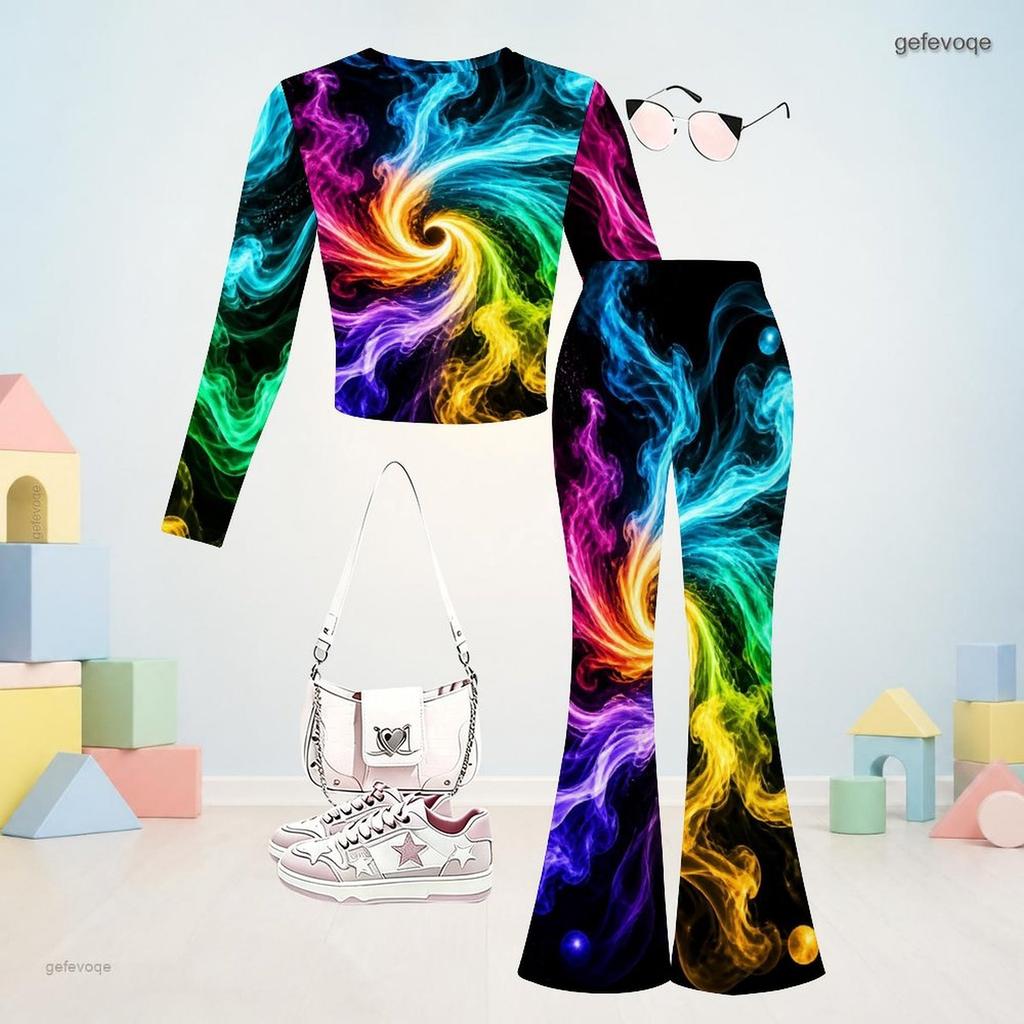 Girls Round Neck Long Sleeve Printed Crop Top Flared Pants Two Piece Set