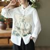 Women Vintage Cotton Shirts Tops Turn-down Collar Long Sleeve Button Blouses Autumn White Shirts