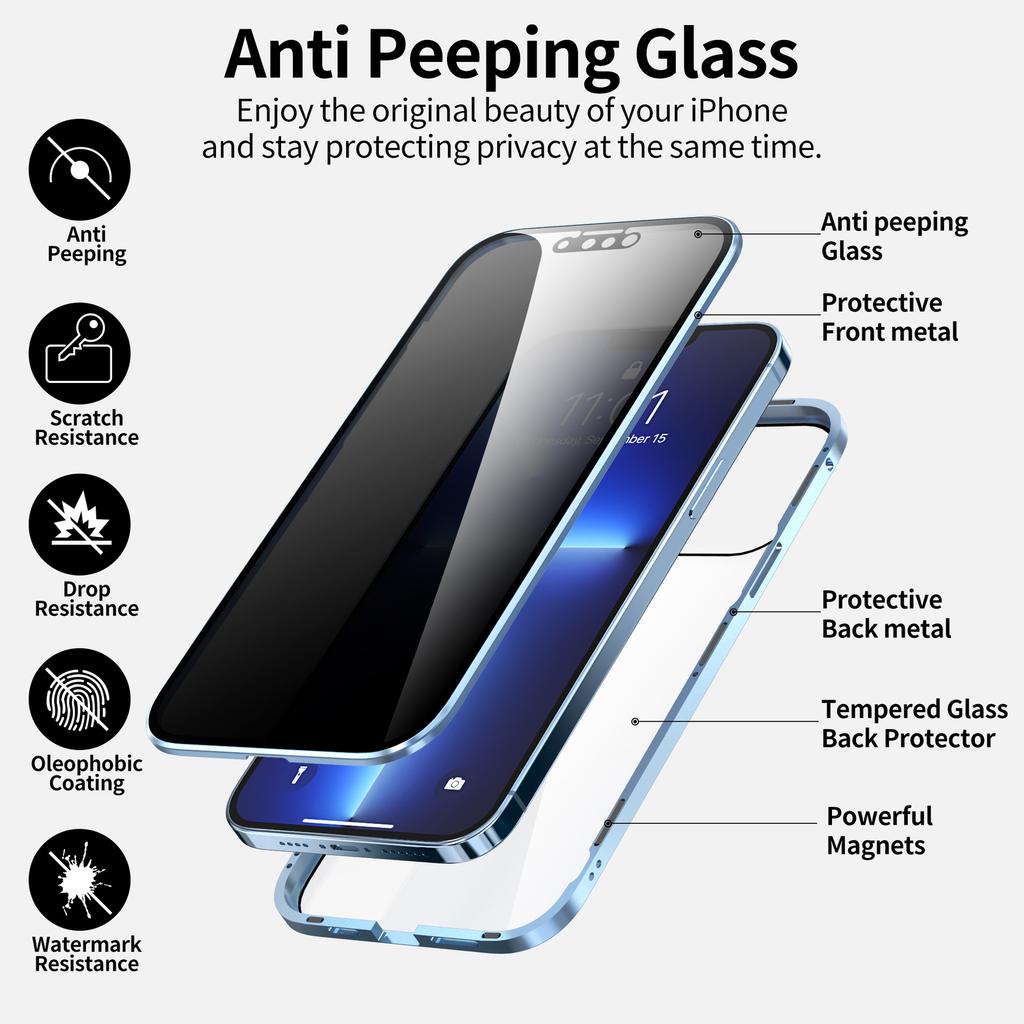 For iPhone 13 Privacy Case with Nano Tech Tempered Glass Anti Spy Magnetic Metal Protective Phone case
