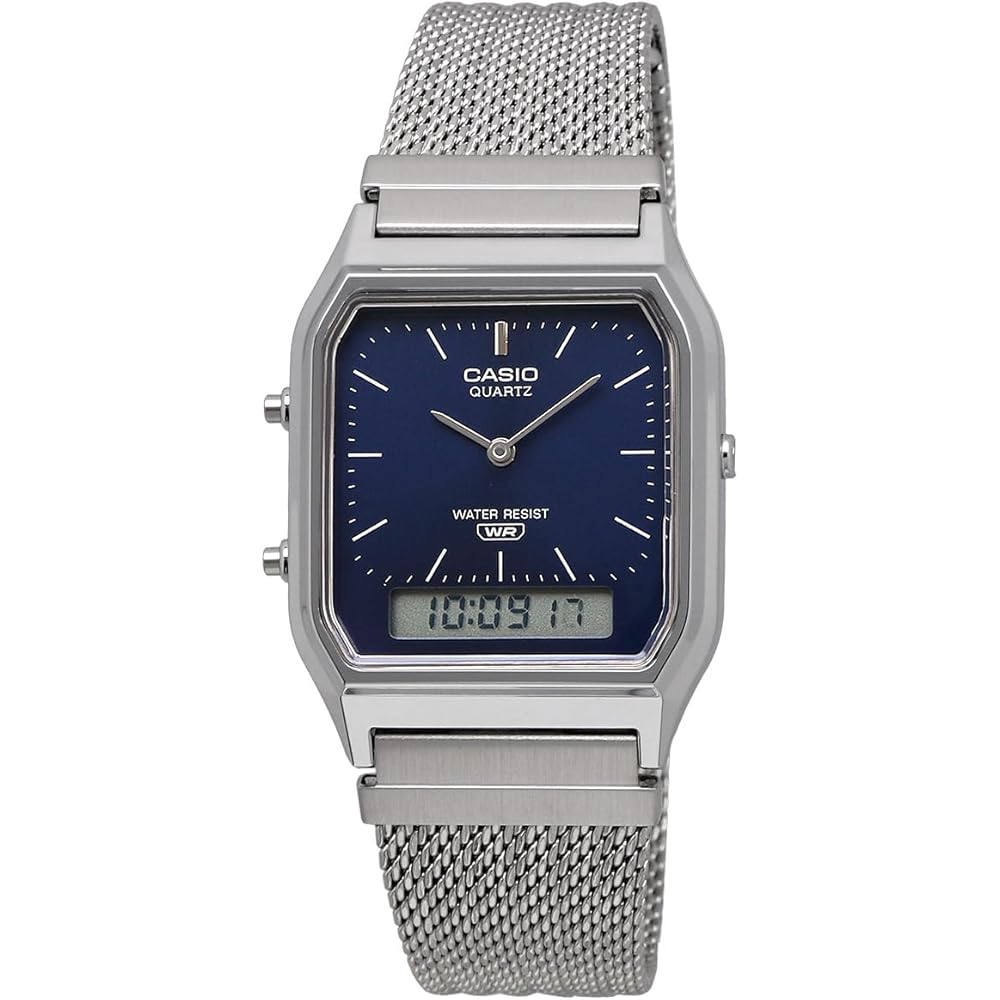 Casio Ana-Digi Vintage Series Quartz Watch AQ-230EM-2A Mesh Metal Band Unisex Dual Time Navy