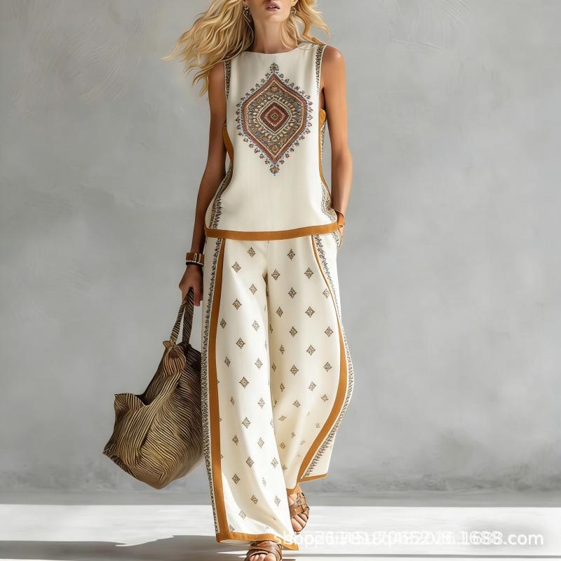 Bohemian style small fresh contrasting color trimmed loose wide-leg pants two-piece set floral pattern print