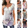 Women's Short Sleeve Tunic Loose Tops Casual Plus Size Tops Pleated Tunic Button Casual Summer Floral Tie Tops For Women