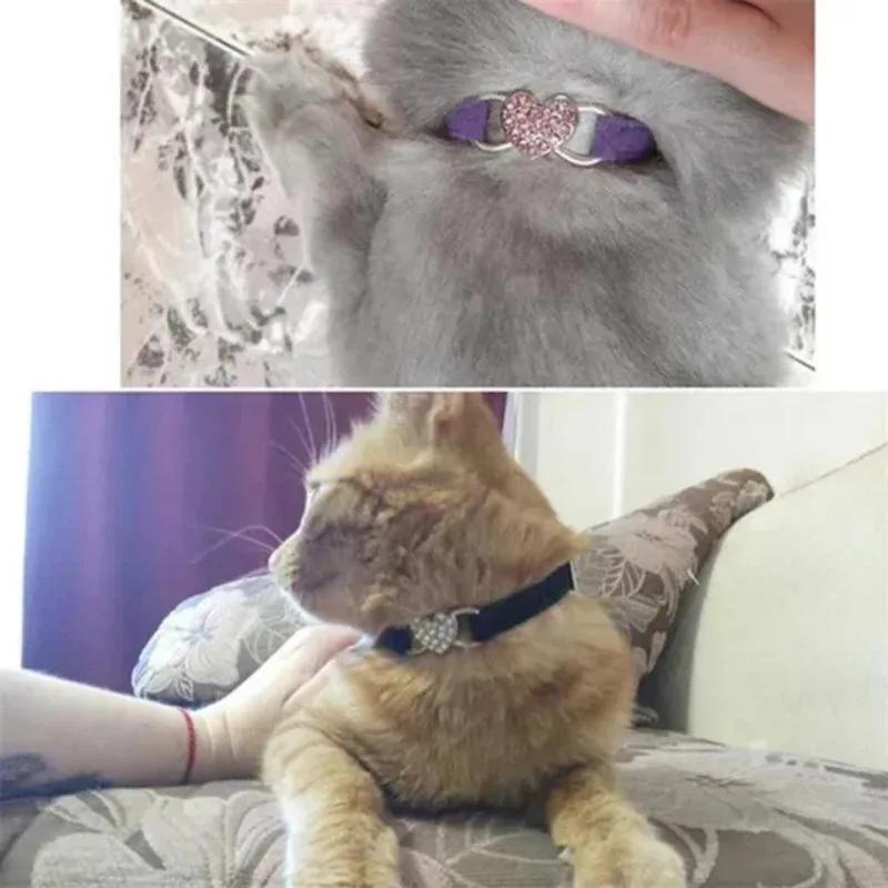 1 шт. Ошейник для кошки Регулируемый Дизайн Сердце со стразами Колокольчик Бархатный Ошейник для маленького питомца