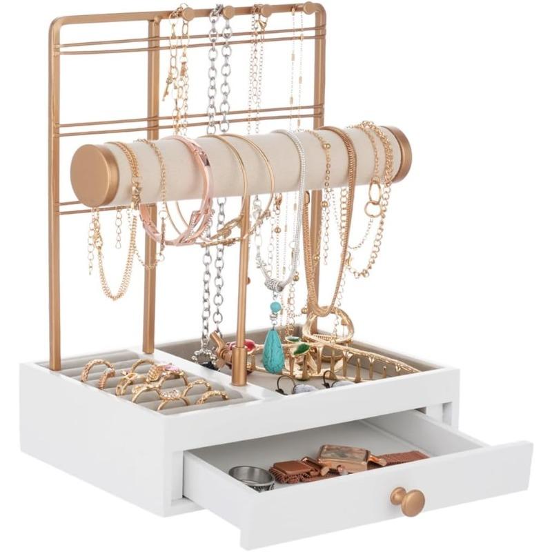 Organizer Stand, 4-Tier Jewelry Display Holder, 7 Rings Grooves, Wooden Drawer, Bracelet Roll, Metal Hanging Shelf, for Necklaces, Bracelets