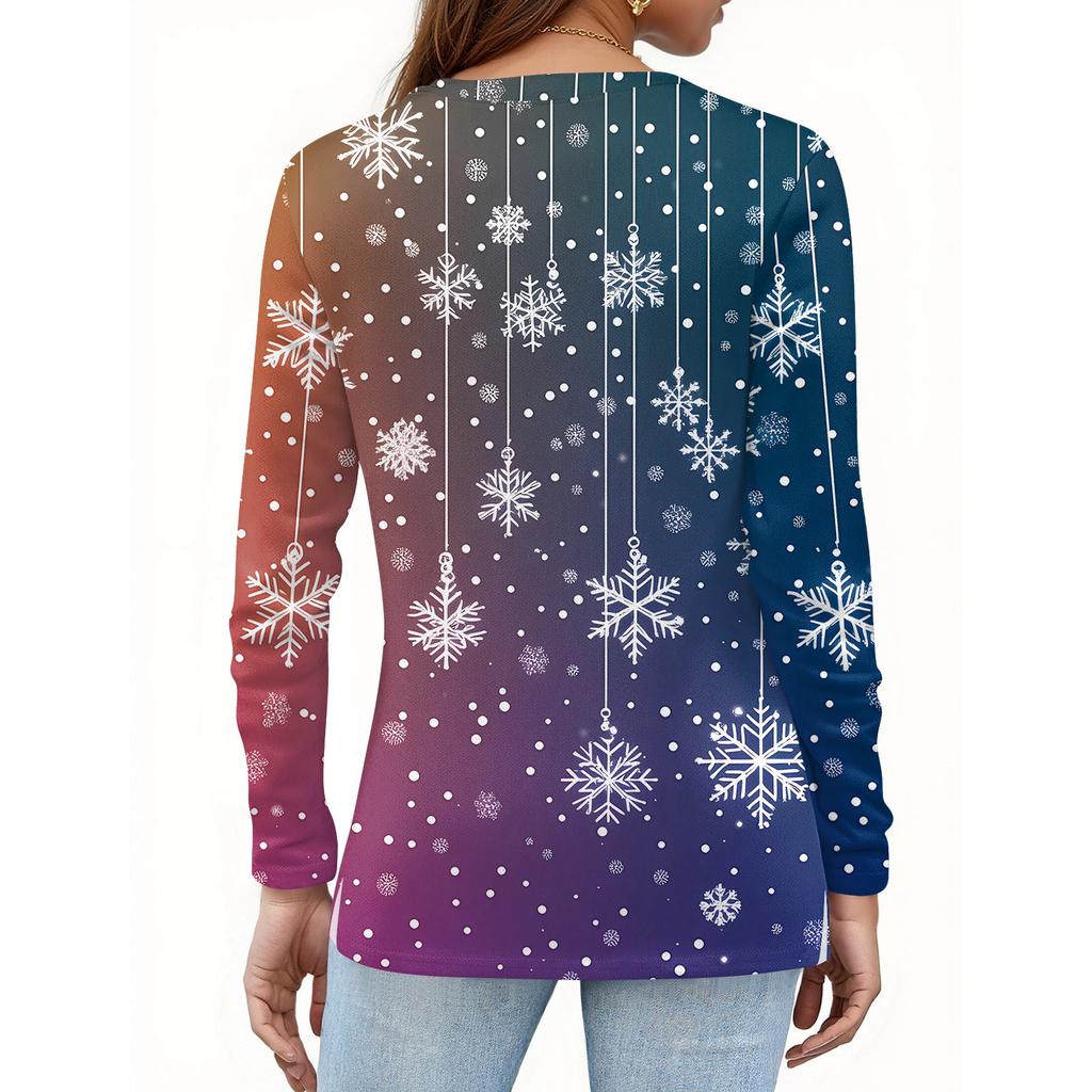 Женская модная повседневная футболка с разрезом по низу, круглым вырезом, длинными рукавами, свободного кроя, с рождественским принтом, женский топ