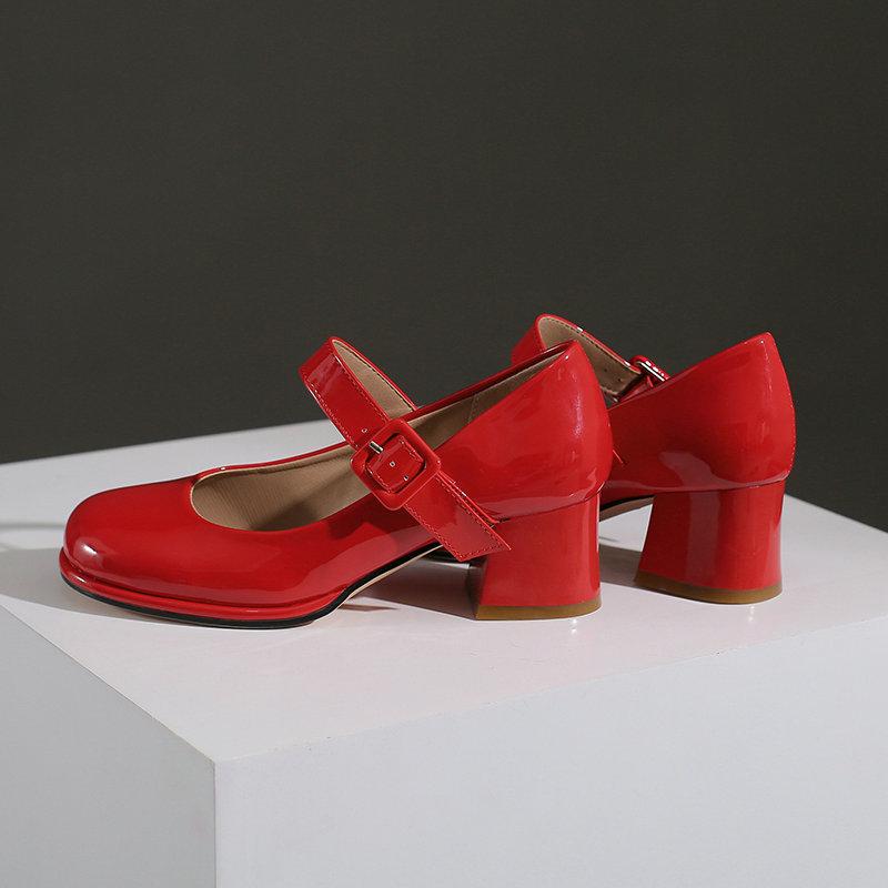 Patent PU Leather Orange Red Closed Toe Women Pumps Big Size 47 48 Mature Lady Office Shoes Buckle Strap Mary Jane Chunky Heels Big Plus Size 48