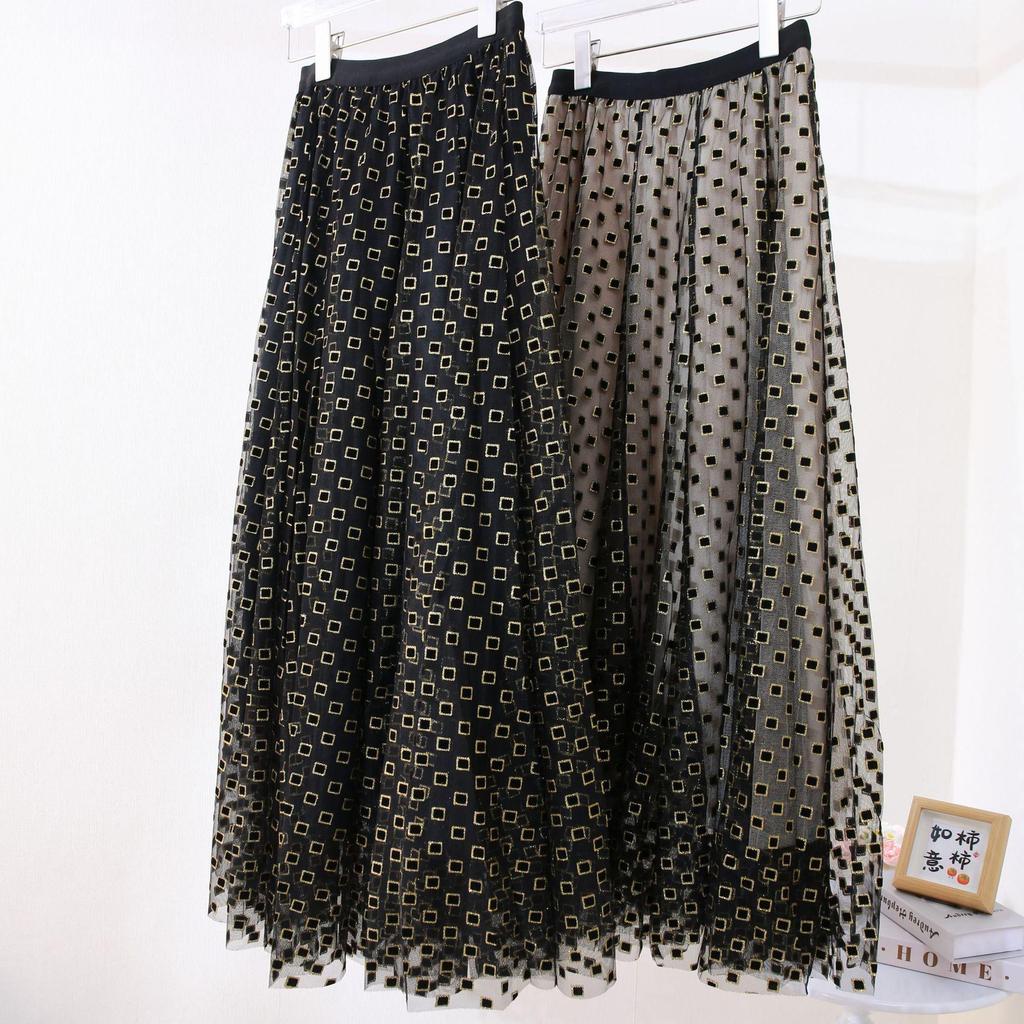 Women's Flocked Mesh Gauze High Waist Skirt - Spring/Autumn 2025 Mid-Length Cake Skirt