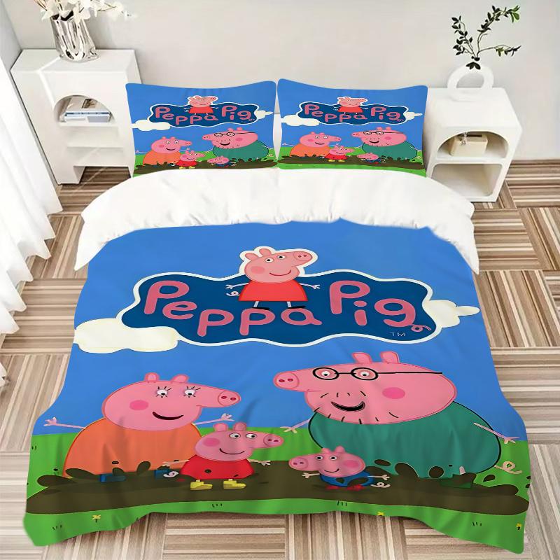 3pcs Peppa Pig Family Bedding Set-Perfect for Decorative Bedrooms, Guest Rooms, Living Rooms, Hotels-Ideal Gift for Fans, Travelers, Daily U