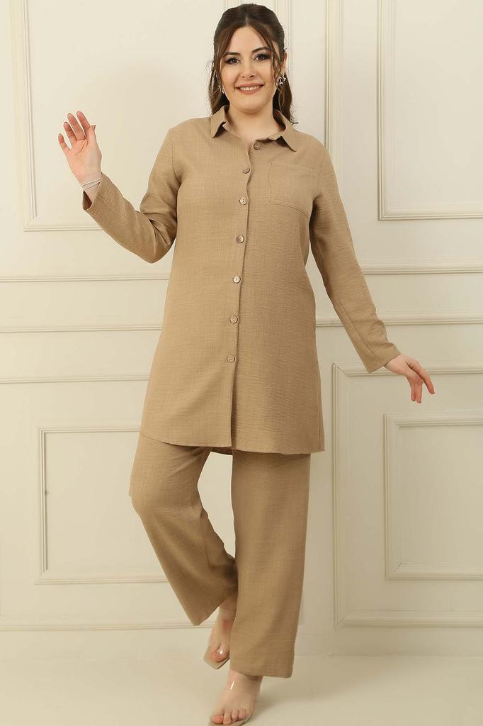 Single Pocket Sleeve Folded Shirt Elastic Waist Palazzo Trousers Linen Effect Large Size 2 Piece Set