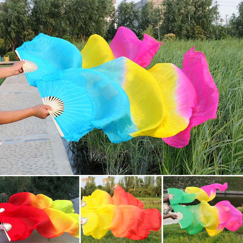 1.5M Creative Dance Silk Veils Fan Performance Props Synthetic Fiber Bamboo Folding Fans Colorful