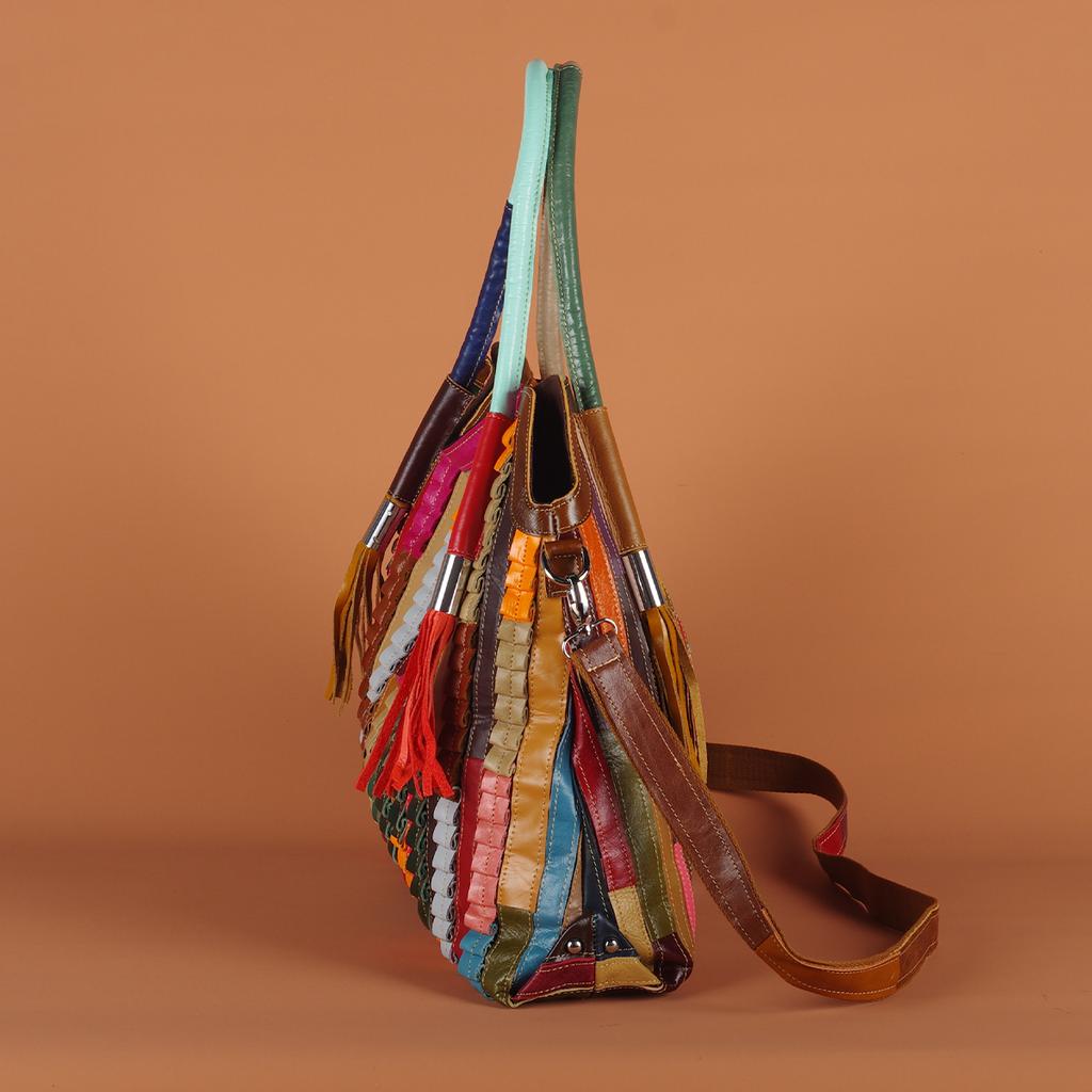 Genuine Leather Tassel Bag for Women Casual Shoulder Bag with Colorful Stripes Random Contrasting Color Ethnic Style