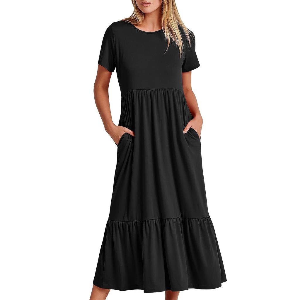 Women's Summer Casual Short Sleeve Crewneck Swing Dress Flowy Tiered Maxi Beach Dress With Pockets