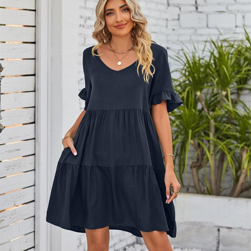 HNXC Женские модные летние весенние однотонные повседневные платья с v-образным вырезом и короткими рукавами и высокой талией