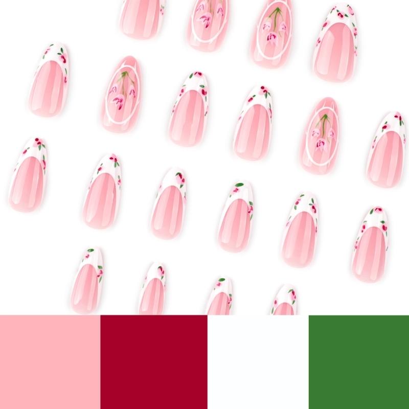 24 Pcs Almond Shape Press On Nail French Tip Acrylic False Nail Glossy Artificial Nail Flowers Stick On Nail for Party