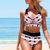 Women's Hanging Neck Swimsuit, Pink Flower Print Bikini Short Tank Top Swimsuit