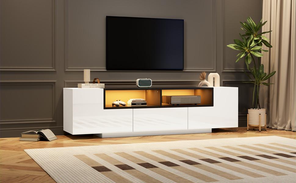 180*40*48cm Freestanding TV Cabinet with LED Light, L-Shape and Drawers, High-Gloss White, Suitable for 75-Inch TVs, White+Black