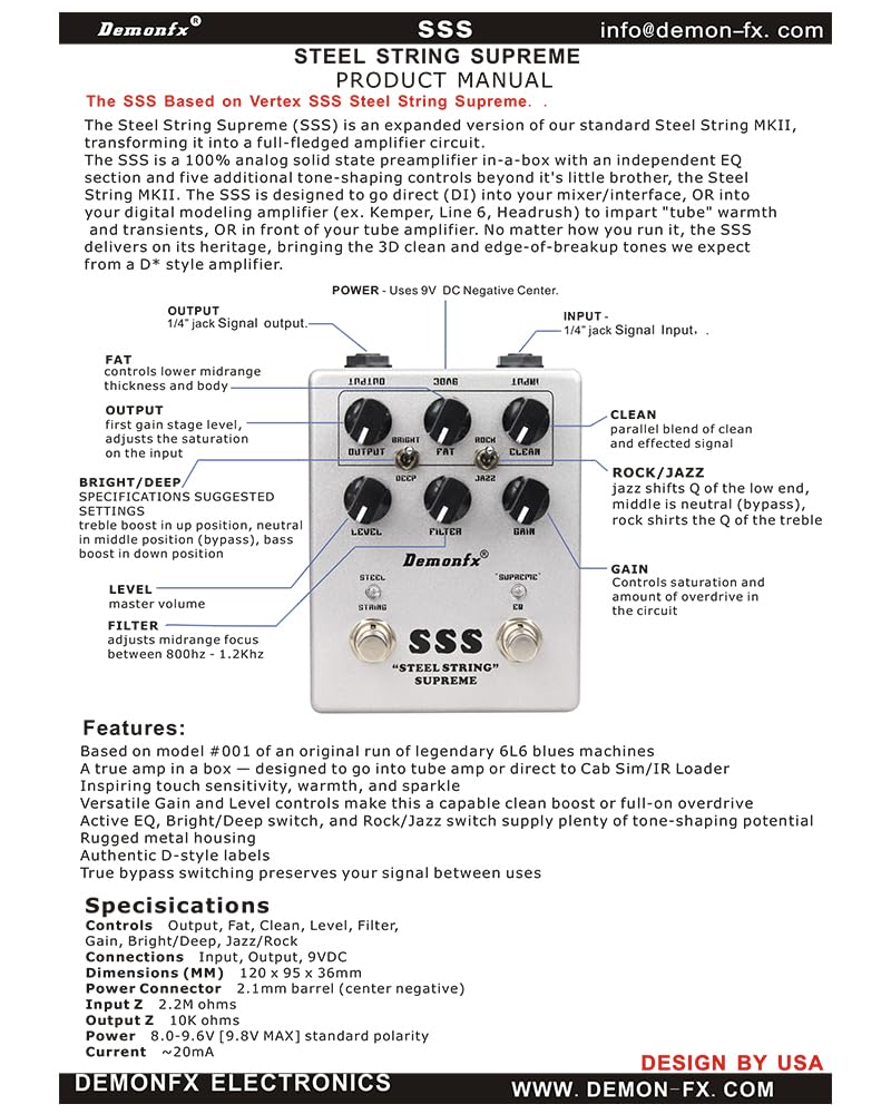 Demonfx SSS STEEL STRING DRIVE ПРЕДУСИЛИТЕЛЬ Overdrive Предусилитель Гитарная Педаль Эффектов SUPREME/OVER