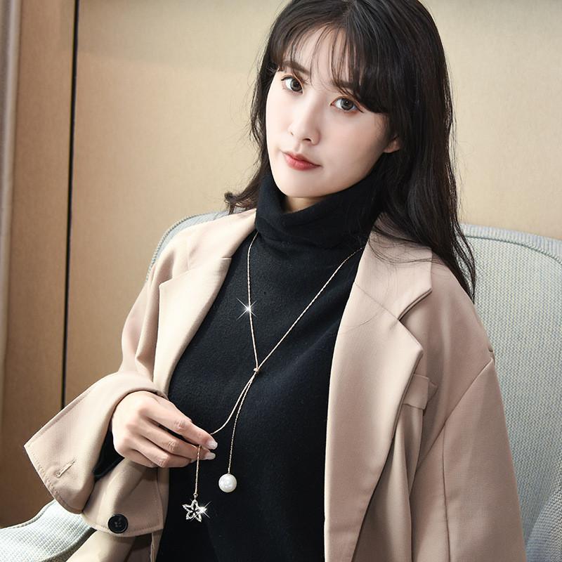 Модное ожерелье на длинной цепочке с кулоном в форме звезды и жемчугом, сверкающий дизайн