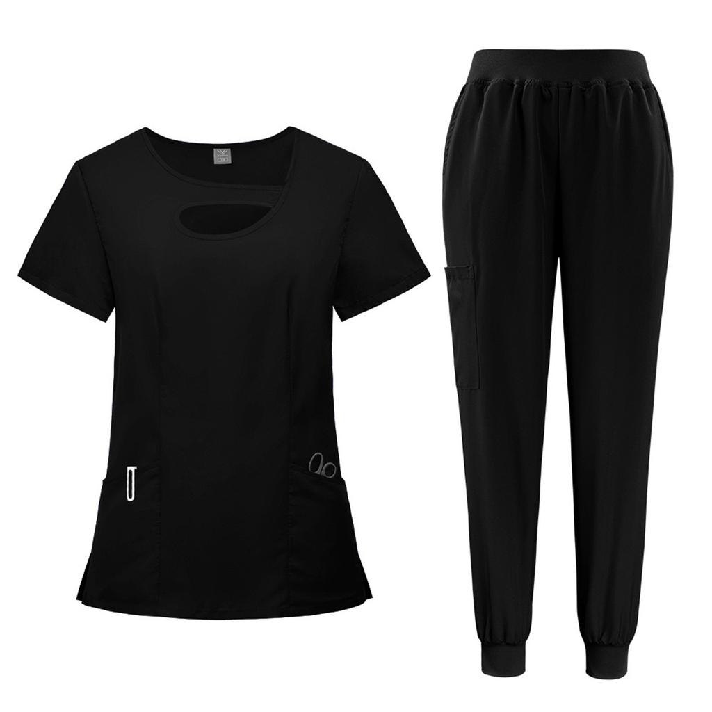 Женская униформа из быстросохнущей ткани, однотонный костюм с V-образным вырезом, двойными карманами и короткими рукавами, рабочая одежда для медсестер