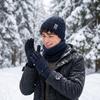 3 шт./комплект Плюшевая подкладка Вязаная шапка-бини Снуд Комплект Теплые перчатки с сенсорным экраном для мужчин