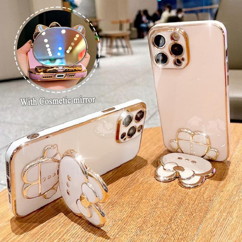 Reno12f Роскошный чехол-держатель для зеркала с покрытием для Oppo Reno12 F Fs 4g 5g Reno 10 12 Pro 5 6 Lite A38 A58 A78 Силиконовый чехол-подставка