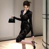 2025 New Women's Clothing Retro Flocking Splicing Lace Strap Slim Dress