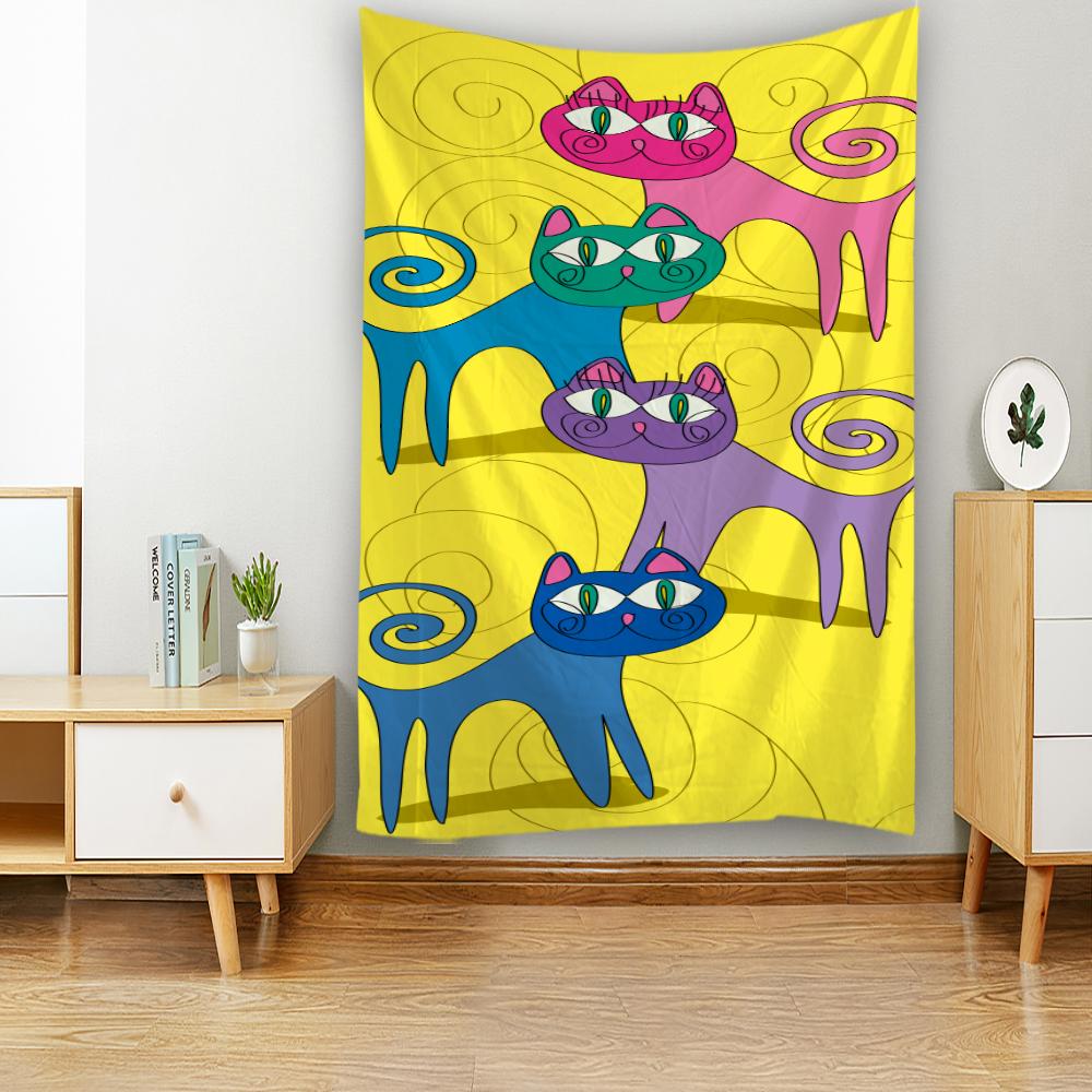 Гобелен для спальни, гостиной, гобелен с принтом кота, кавайный декор для комнаты, настенный гобелен, домашний декор, психоделический гобелен