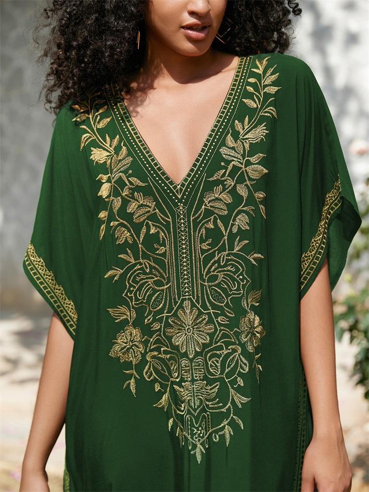 EDOLYNSA 2024 Sexy Gold Embroidery V-Neck Bat Sleeve Robe Long Dress Women Plus Size Kaftan Loose Beach Bathrobe Swimwear Coverup Q1642