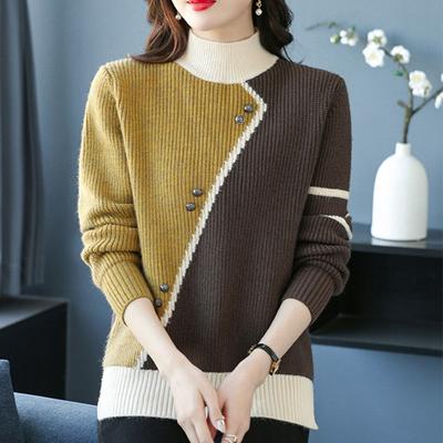 Осень-зима Новый женский вязаный пуловер женский свитер с короткими рукавами и цветовым сочетанием, рубашка с длинными рукавами, модные свободные теплые толстые топы