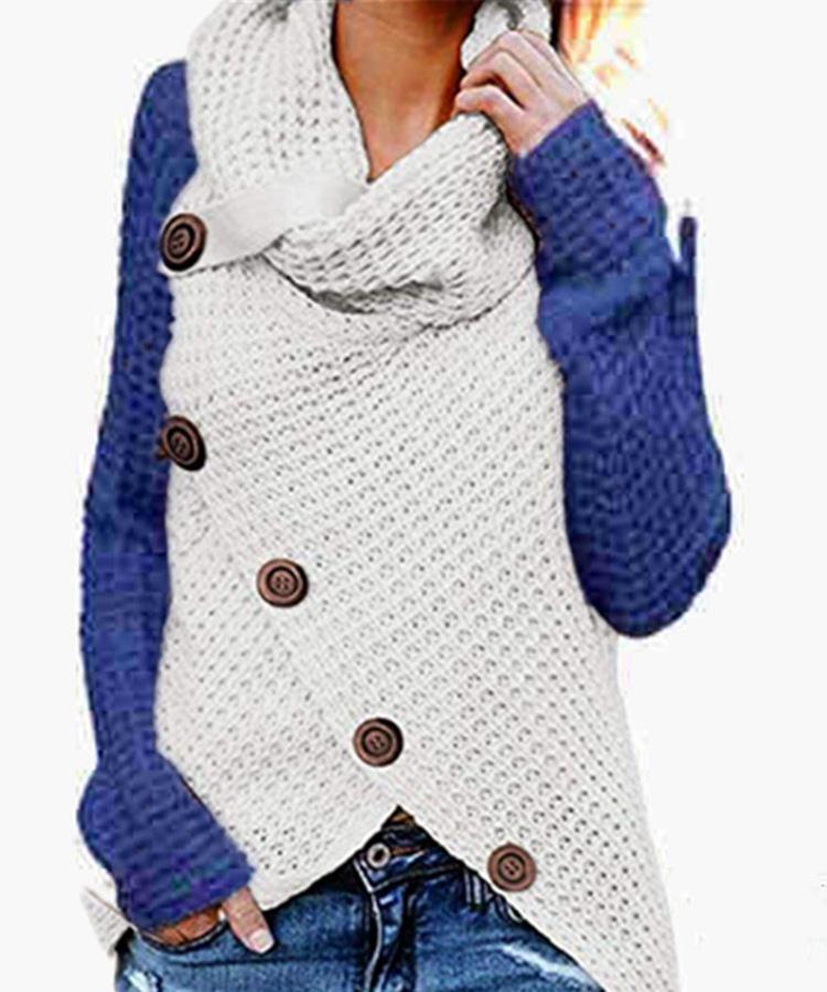Autumn/Winter Women's Long-Sleeve Irregular Knit Color Block Button Sweater