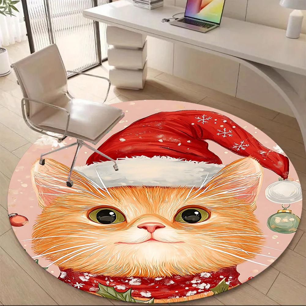 1PC Christmas Cat Office Round Area Rug, Indoor Mat Suitable ForOffice, Under Office Chairs Bedroom Living Room Home Decor, Room Deco f015