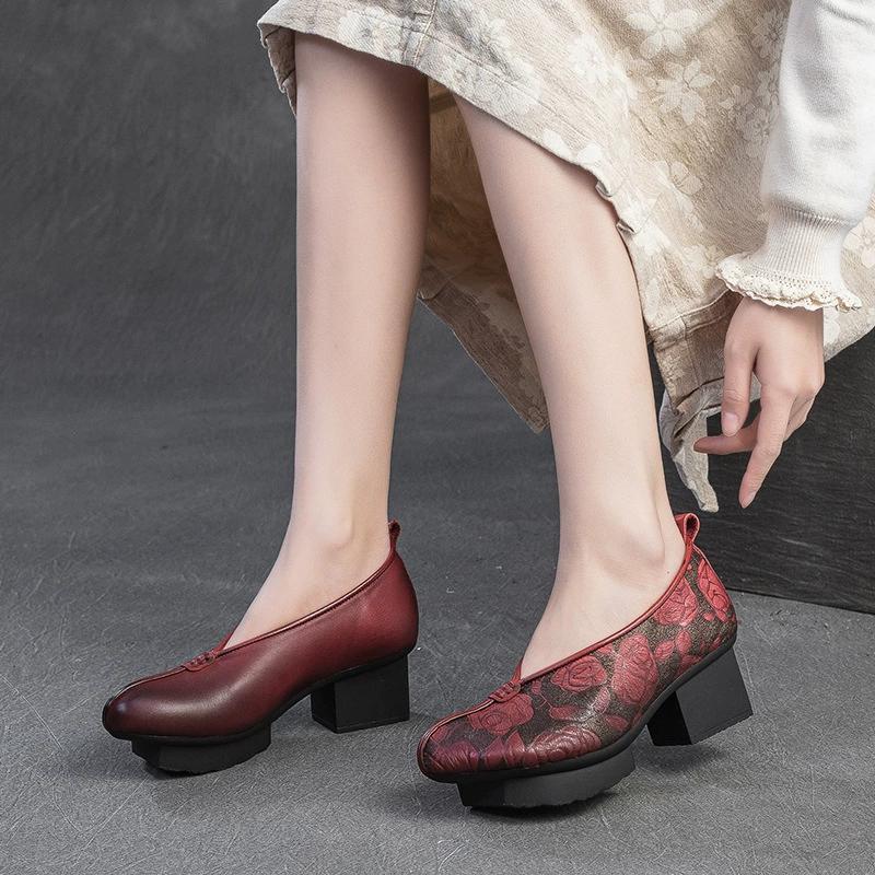 Мода GKTINOO Весна Осень Этнический Стиль Круглый Носок Высокий Каблук Туфли для Мамы Кожаная Платформа Ретро Натуральная Кожа Лодочки Женская Обувь