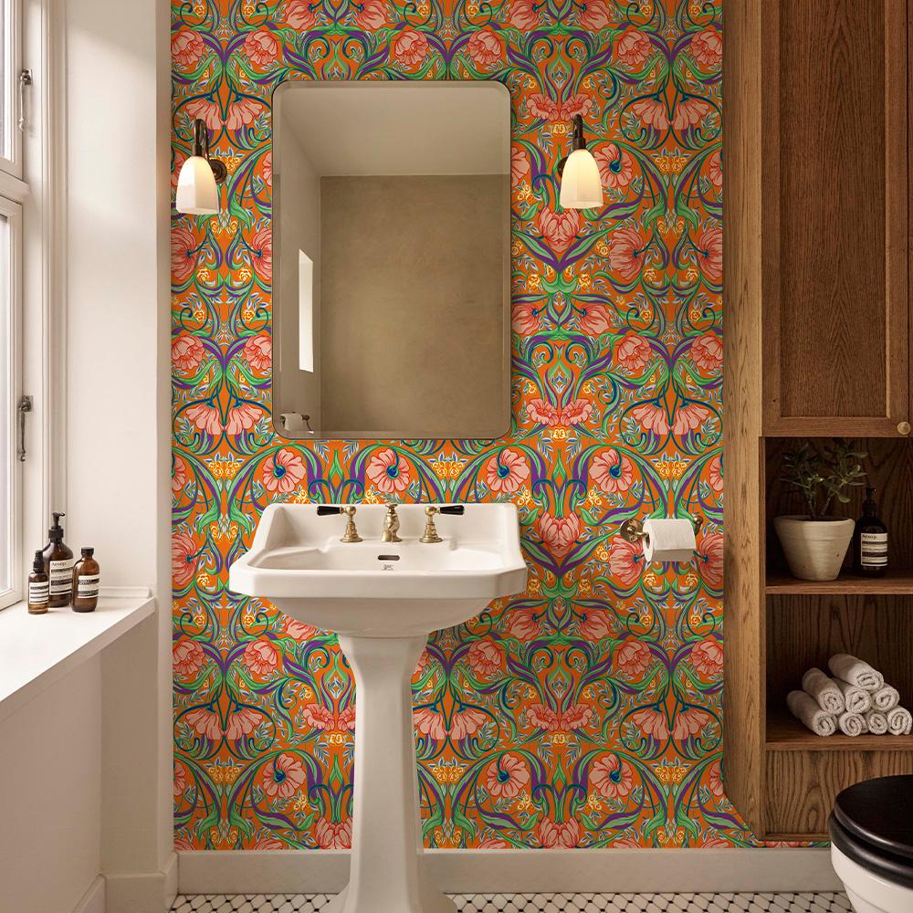 Оранжевые Бохо Цветы Виниловые Обои Ретро Самоклеящаяся ПВХ Наклейка для Шкафа Шикарный Водонепроницаемый Декор для Стен Кухни и Ванной
