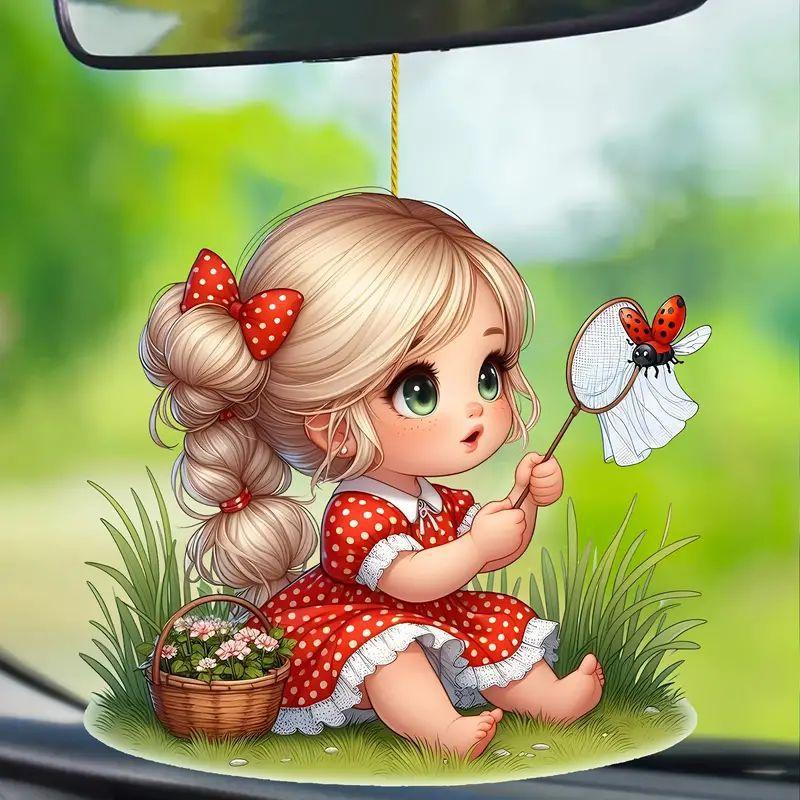 New Acrylic Flat 2D Flower Fairy Green Fresh Girl Cartoon Car Pendant Keychain