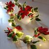 2 Meter Artificial Poinsettia Christmas Garland with Red Berries and Holly Leaves with LED String Lights For Christmas Decoration