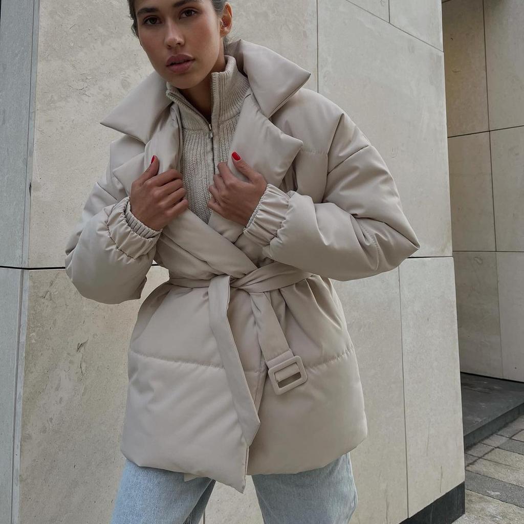 Winter Warm Thicken Women's Coat Turndown Collar Belt Jackets Solid Color Casual Cotton-padded Coats Jacket