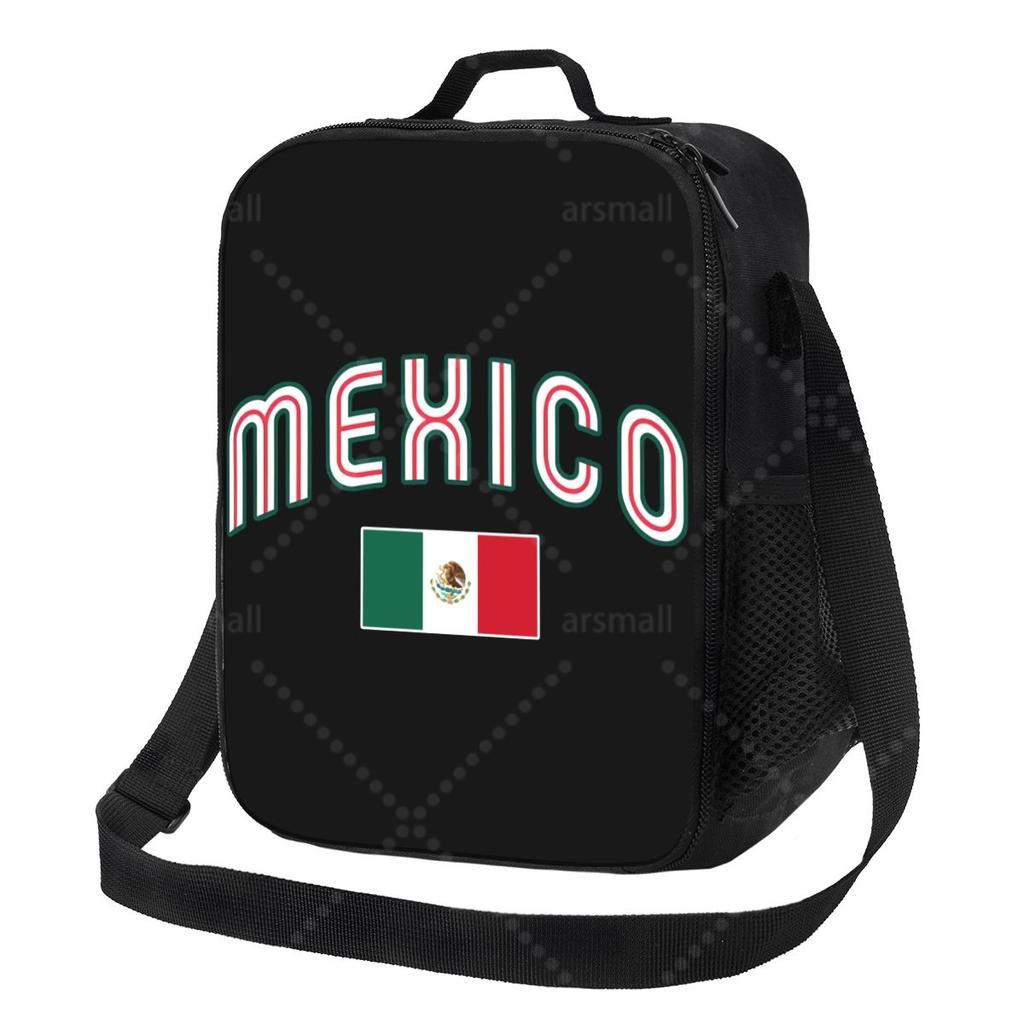 Mexico Letters Designed Flag Lunch Bag with Adjustable Shoulder Strap Reusable Thermal Bento Tote for Work Picnic Beach