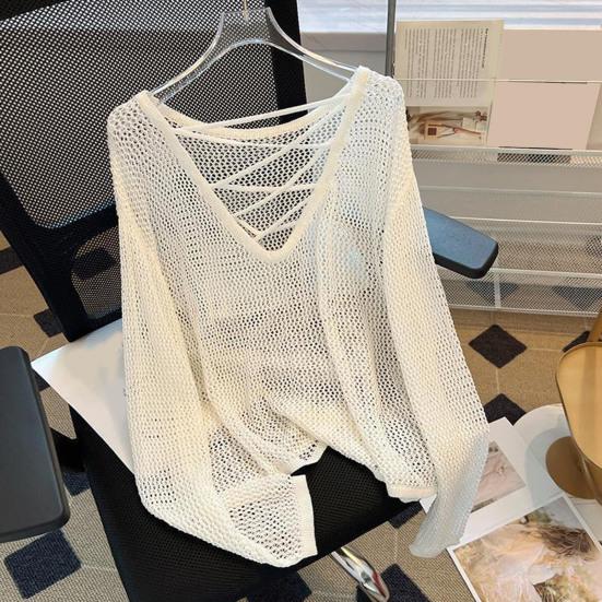 Женские топы-накидки с V-образным вырезом, воротником на бретелях, длинным рукавом, летние солнцезащитные топы, однотонная рубашка с ажурным дизайном, непромокаемая рубашка