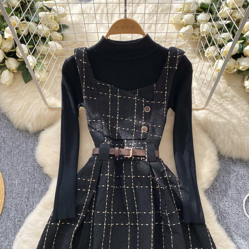 Осенне-зимний женский комплект свитер-платье, повседневный вязаный пуловер, топы + клетчатое твидовое платье, наряды из 2 предметов, женский с поясом